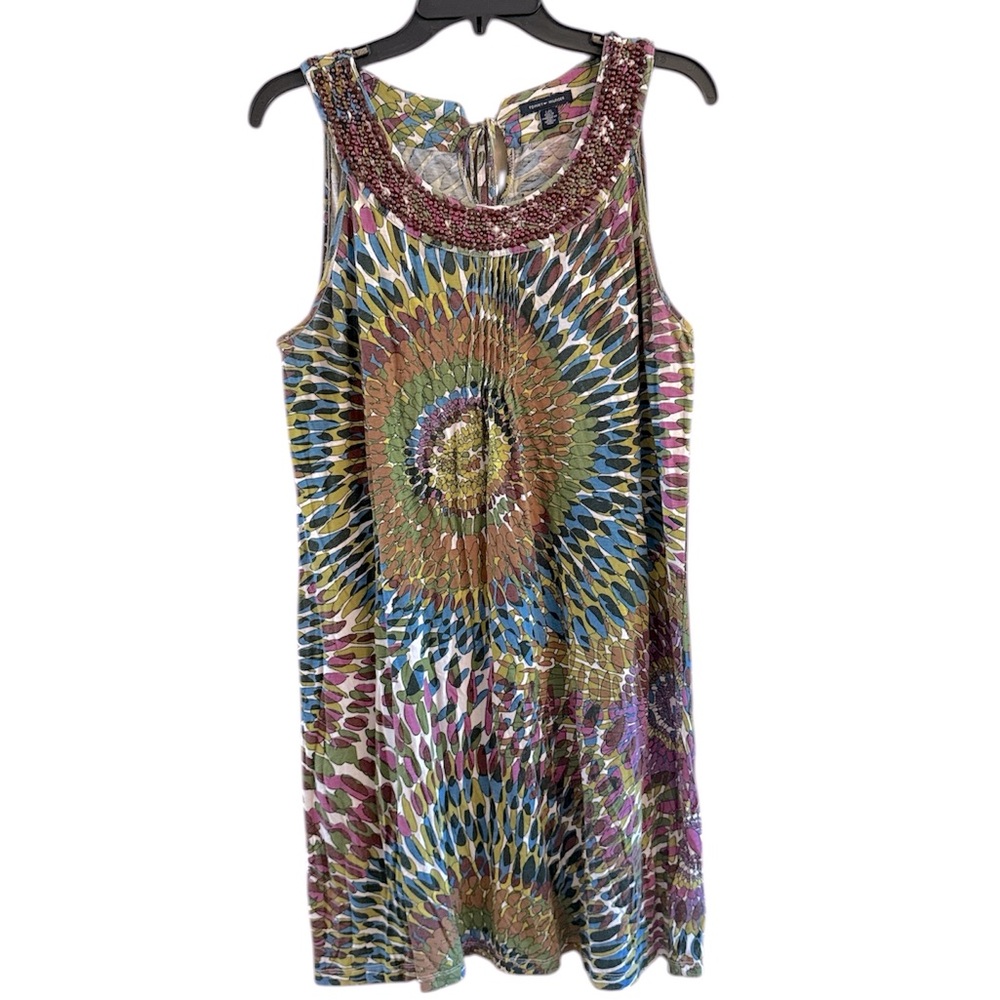 Tommy Hilfiger Boho Beaded Neckline Sleeveless Dress Multicolor Medallion L